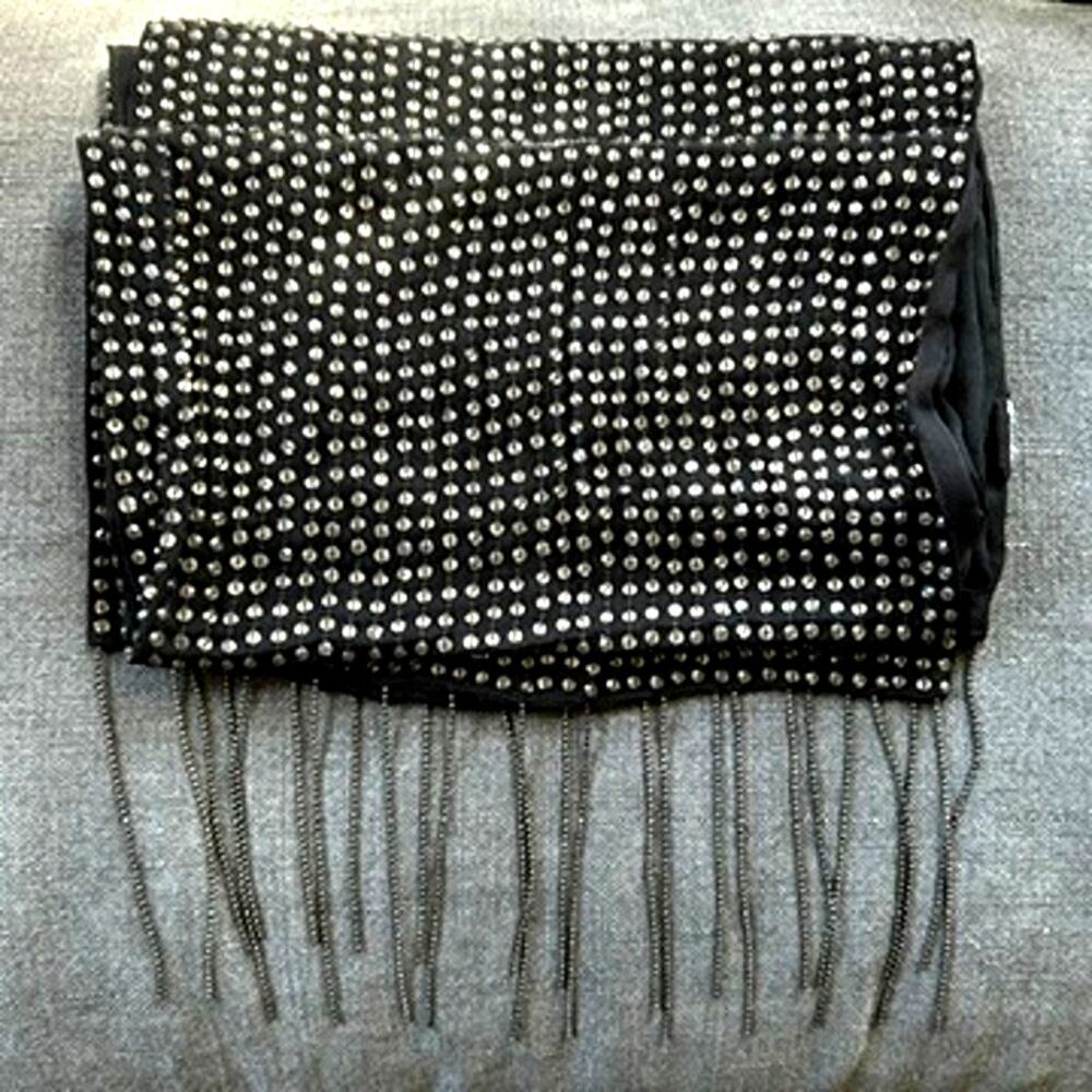 Haute Hippie Runway Silk Crystal Bead Chain Fringe Scarf Black 2009